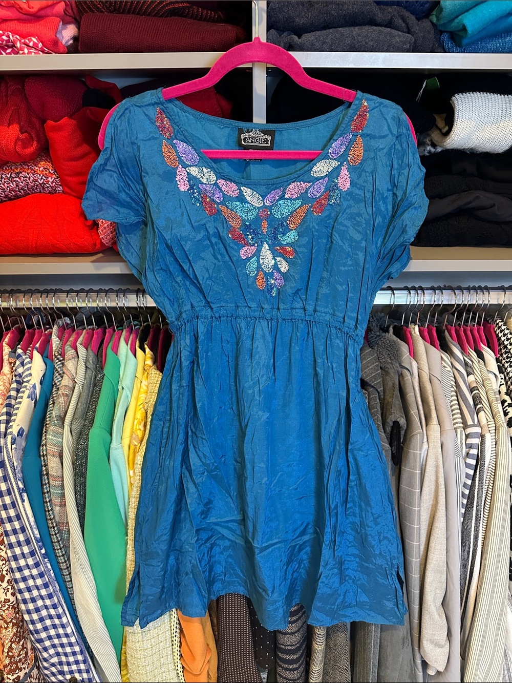 Angie blue dolman short sleeve elastic waistband sequin embellished dress size L